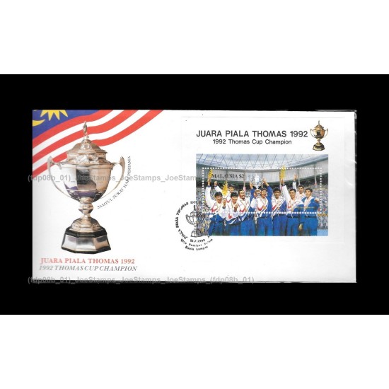 1992 Malaysia Thomas Cup Champion FDC MS Good (lightly toned & spots)