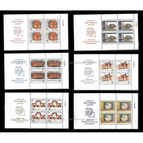 India 1989 World Philatelic Exhibition sheetlet set of 6 in block-of-4 Sheelet in set of 6 sheets MNH Fine