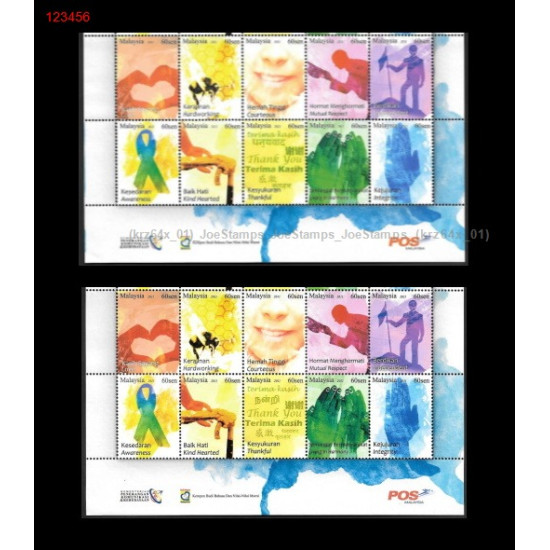 Malaysia 2011 Virtues (Original Print in Hindi) - A Set of 10v + 10v (Tamil Print) stamps MNH Fine