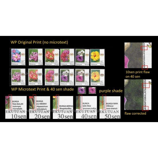 2018 Malaysia Definitive Garden Flowers FT with Micro Text Printing 10s-50s+40s microtext flaw + 2007 Issue 5s-50s (12v) 2007 20c corner perf chip Set of 12v stamps MNH MISPERF