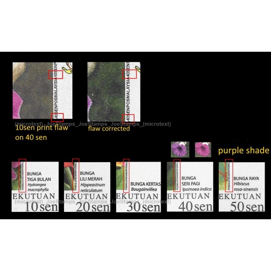 2018 Malaysia Definitive Garden Flowers FT with Micro Text Printing 10s-50s+40s microtext flaw + 2007 Issue 5s-50s (12v) 2007 20c corner perf chip Set of 12v stamps MNH MISPERF