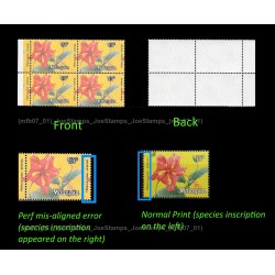 1979 Malaysia Definitive: Flowers 1979 FT 15c in block-of-4 shift perf error  SGK5? MNH 15c inscription at right MNH Fine