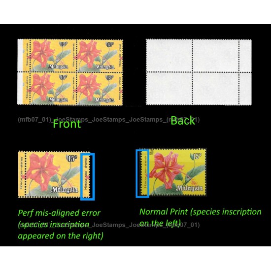 1979 Malaysia Definitive: Flowers 1979 FT 15c in block-of-4 shift perf error  SGK5? MNH 15c inscription at right MNH Fine
