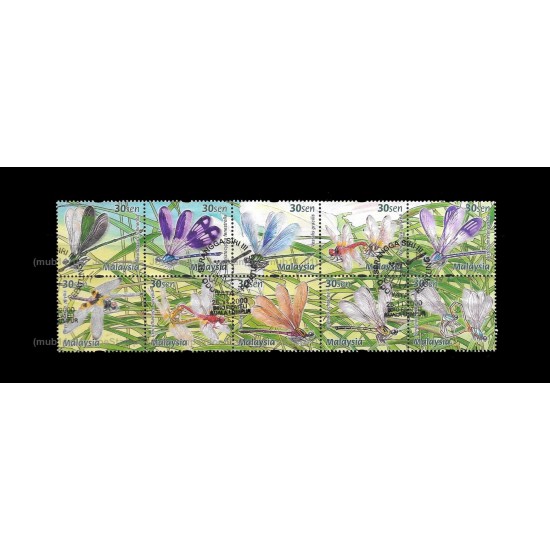 2000 Malaysia Dragonflies and Damselflies Set of 10v from booklet CTO Used no gum Fine
