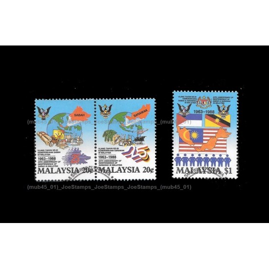 1988 25th Anniversary of Independence of Sabah in Malaysia Set of 3pcs stamps CTO Used no gum Fine