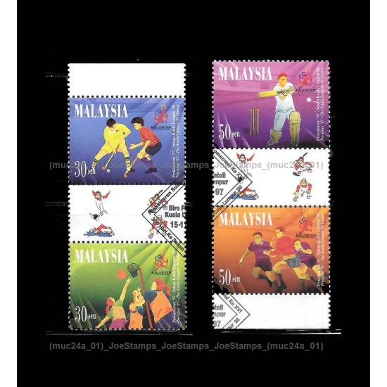 1997 Malaysia Pre-Issue XVI Commonwealth Games Set of 4v in 2 gutter-pair stamps CTO Used no gum Fine