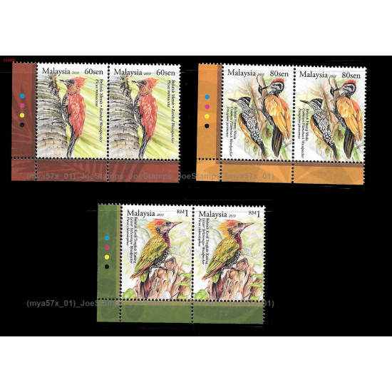 Malaysia 2013 Woodpecker Set of 3pcs stamps in pair with color marker MNH Fine