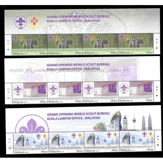 Malaysia 2014 Grand Opening World Scout Bureau Kuala Lumpur Office Set of 3pcs stamps header pane with 4 sets MNH Fine