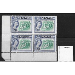 1964 Malaysia North Borneo QE II Definitive with Sabah Overprint Block-of-4-left-bottom ST-20c MNH (NKA08) 20c stamp MNH VERY_Fine