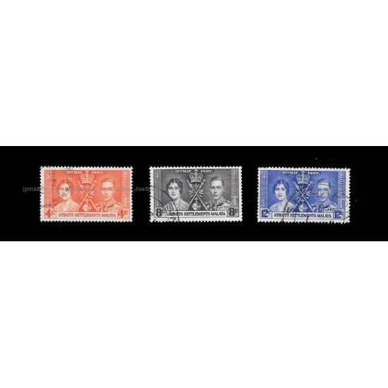 1937 Straits Settlements KGVI Coronation Set of 3pcs stamps Used Fine