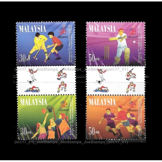 1997 Malaysia Pre-Issue XVI Commonwealth Games Set of 4v in 2 gutter-pair stamps MNH Fine